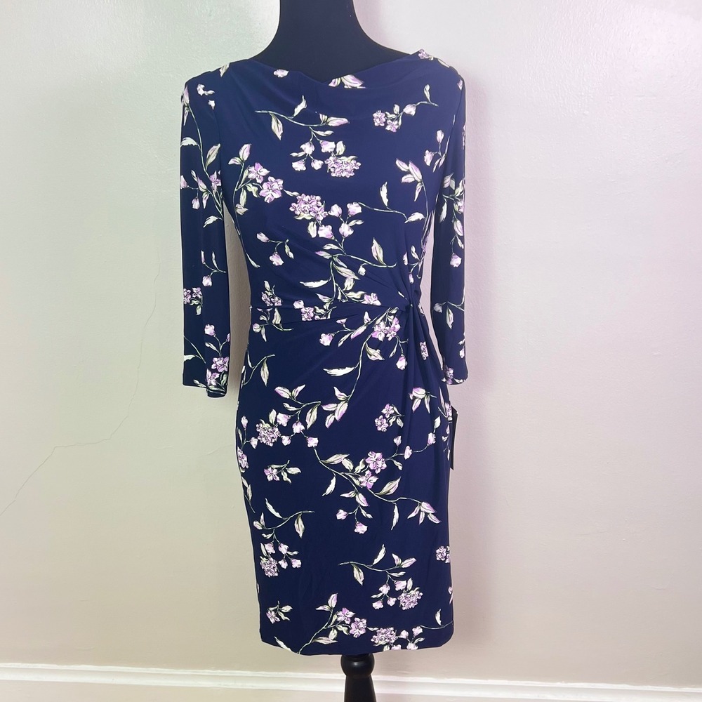 NWT-$125 Lauren Ralph Lauren Floral Sheath Dress 4P Navy Boat Neck 3/4 Sleeve